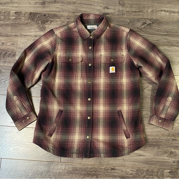 Carhartt coat Hubbard sherpa lined flannel shirt jacket women’s large - Picture 2 of 11